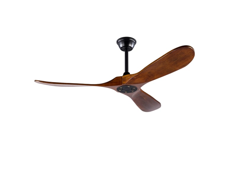  Ventilateur de plafond 132x132x32 cm 3 pales, télécommande, fonction mémoire, moteur dc réversible silencieux, métal bois, noir et noyer foncé  - Conforama A