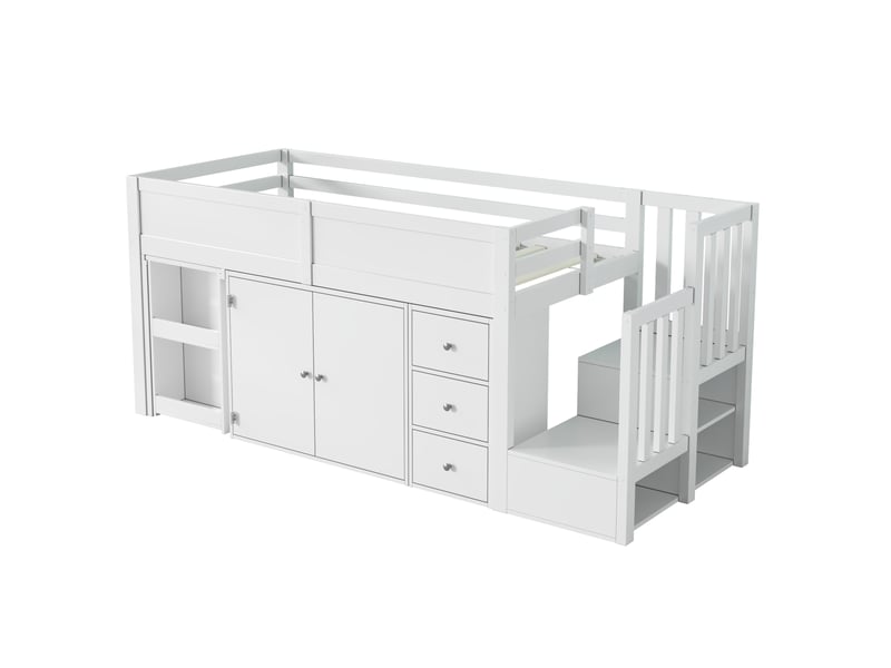  Lit mezzanine enfant 90x200 cm – blanc – bureau coulissant, armoire, tiroirs et rangements intégrés  - Conforama D