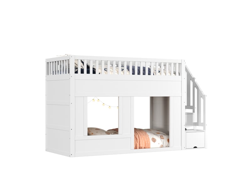  Lit mezzanine enfant et lit superposé 90x200 cm en bois massif avec escalier de rangement, espace de jeu, sommier inclus, blanc  - Conforama A