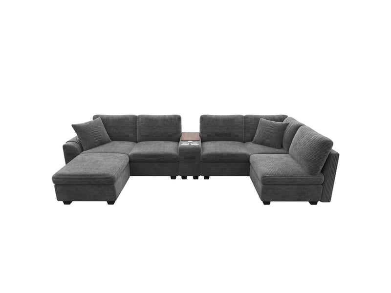  Canapé d'angle modulable 6 places 311x139x85cm, pouf coffre, console amovible, 2 porte-gobelets, usb et usb-c, velours côtelé - gris  - Conforama A