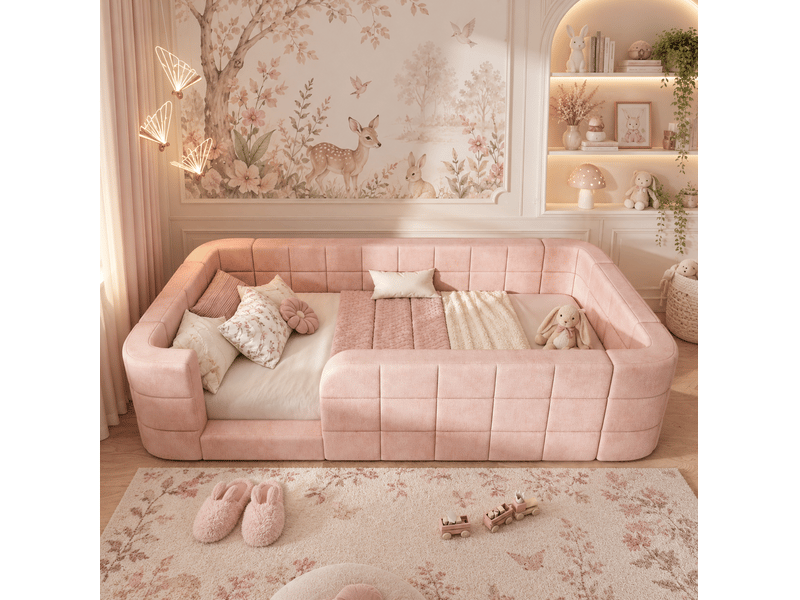  Lit enfant 90 × 200 cm avec barrières rembourrées, entrée basse et sommier à lattes en chenille rose pour chambre  - Conforama E