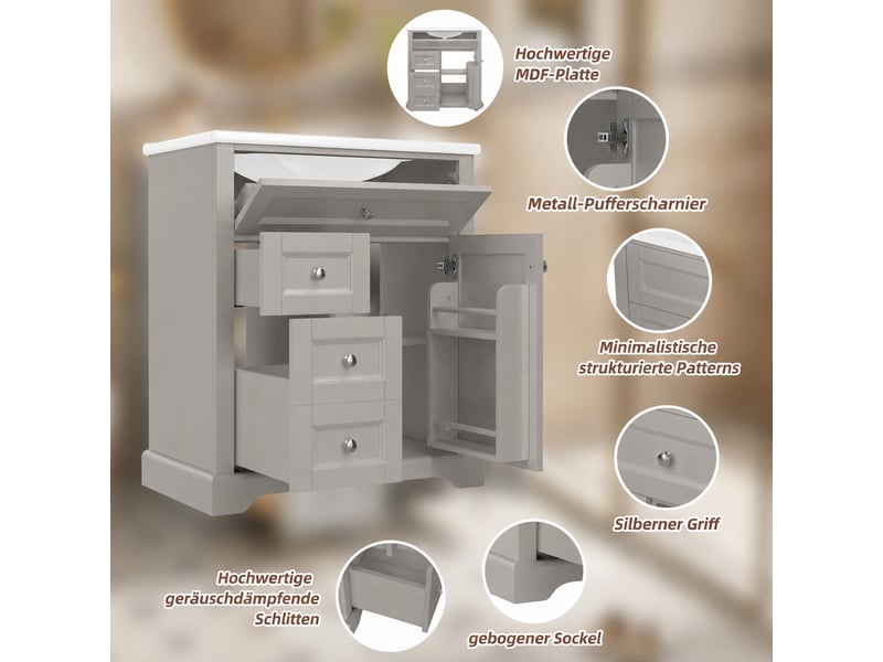 Meuble vasque sur pied gris, 76 x 46 x 87 cm, en mdf et céramique, avec étagères réglables et vasque intégrée - Conforama D