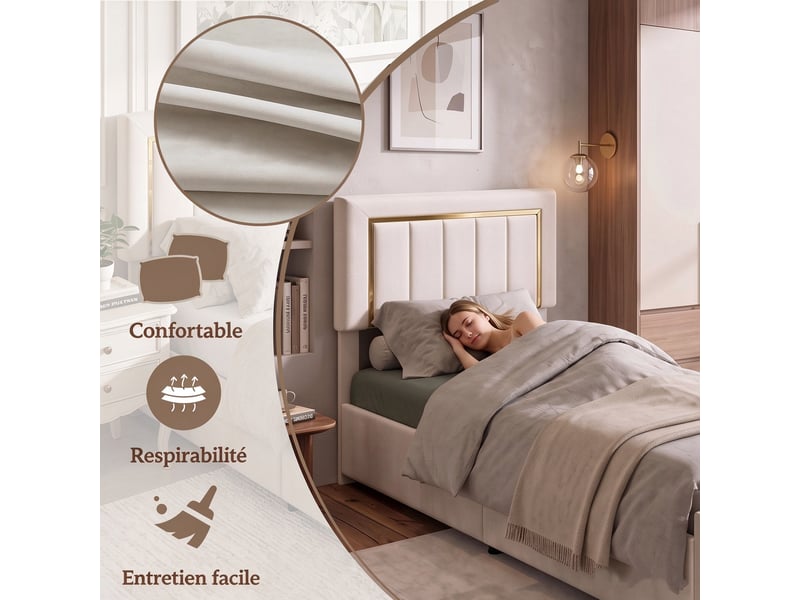 Lit simple coffre 90x200 cm, lit simple rembourré avec rangement, lit coffre hydraulique - sommier à lattes - sans matelas - capacité de charge 250 kg - velours beige - Conforama E