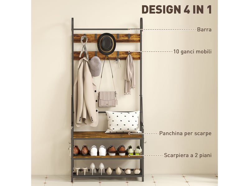 Porte-manteau d'entrée avec tringle, 10 crochets, banc et étagère à chaussures, en bois et métal, 80 x 40 x 182 cm, marron et noir - Conforama E