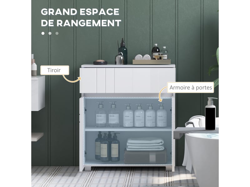  Meuble de rangement pour salle de bain sur pied placard 2 portes 1 tiroir, blanc laqué, étagère régable  - Conforama A