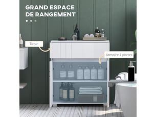 Meuble de rangement pour salle de bain sur pied placard 2 portes 1 tiroir, blanc laqué, étagère régable
