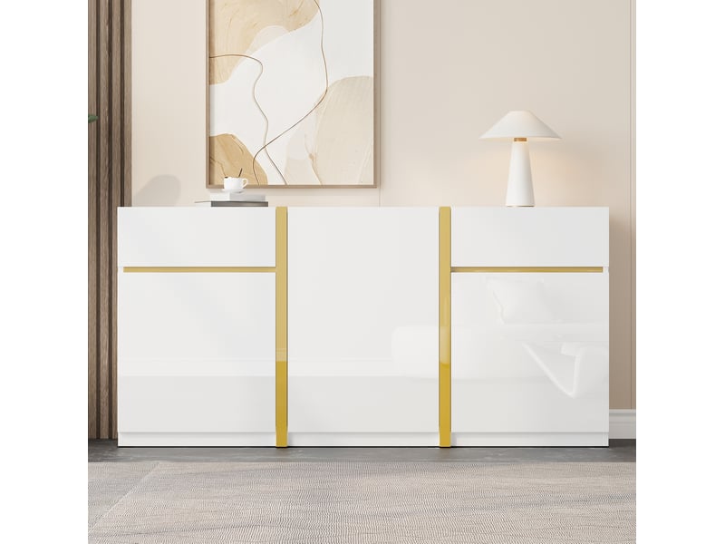  Buffet blanc et doré brillant 3 portes et 2 tiroirs 160 x 40 x 78 cm  - Conforama C