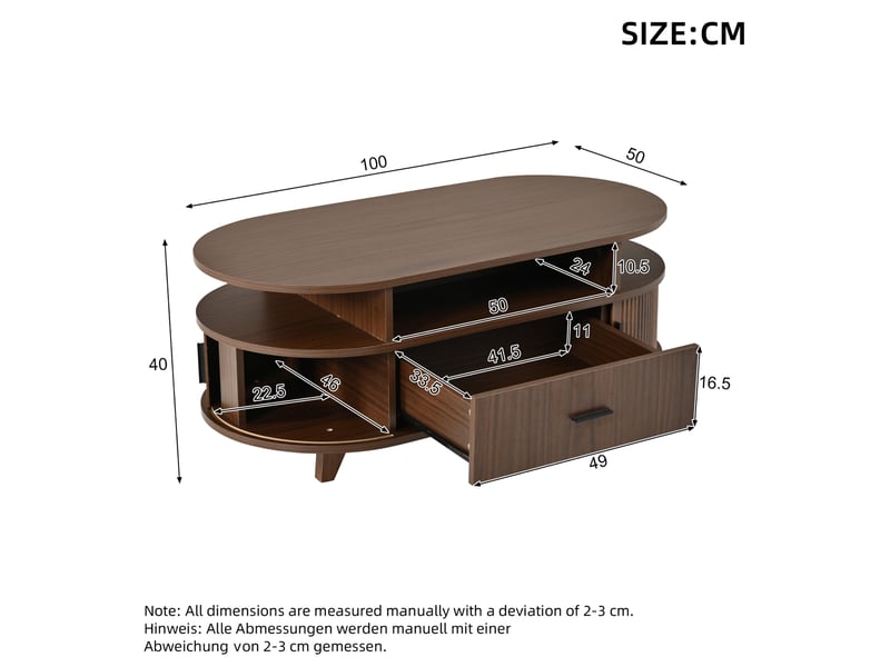  Table basse ovale avec 1 tiroir, 2 portes à rideau et 3 niches ouvertes pour salon, en mdf, finition noyer  - Conforama C