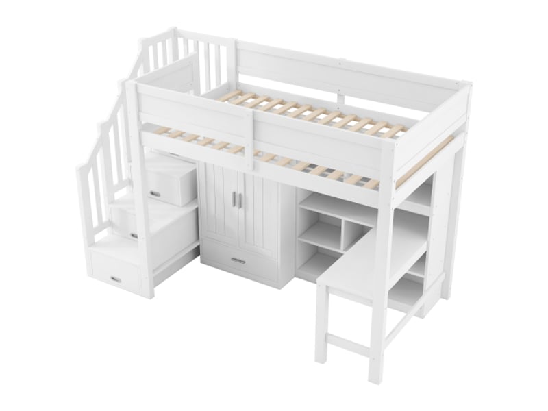 Lit mezzanine enfant 90x200 cm avec bureau et étagère, armoire, 1 tiroir, escalier, sans matelas, blanc  - Conforama D