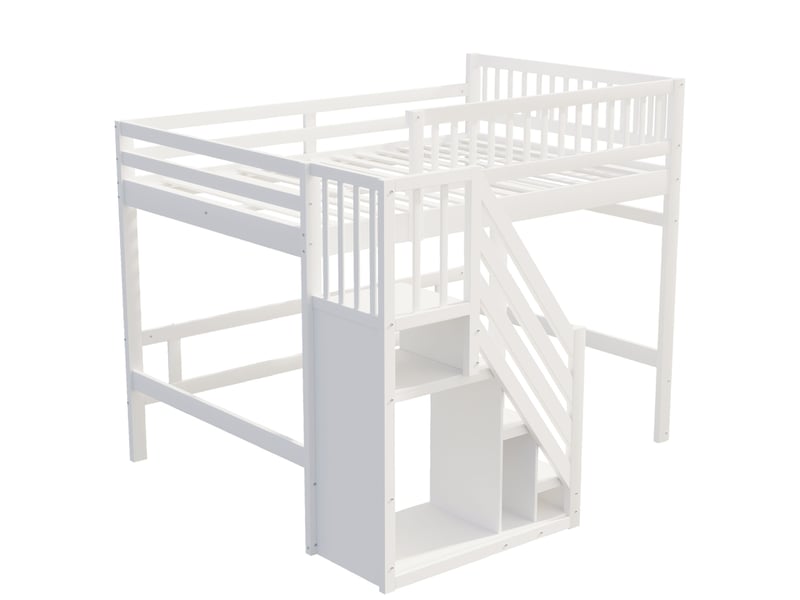  Lit 140x200 cm bois massif blanc avec escalier, rangement et garde-corps - sans matelas  - Conforama E