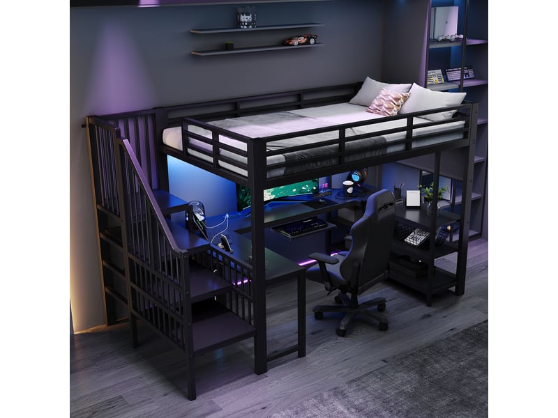  Lit mezzanine 120x200 cm en métal, bureau gaming en u, plateau clavier coulissant, étagères, escalier, led et prise électrique - noir  - Conforama B