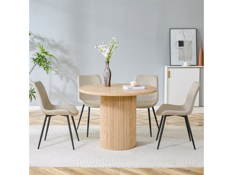  Table ronde minimaliste 100 cm mdf – ensemble 4 chaises simili cuir gris, sièges élargis, salle à manger moderne  - Conforama E
