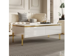 Table basse 100 x 50 x 36 cm – blanc – rangement à double tiroir, style moderne et finition brillante