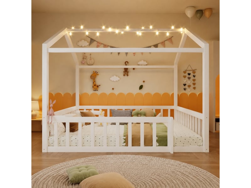 Lit cabane enfant 2x90x190 cm séparable avec barrières et led, blanc et naturel - Conforama B