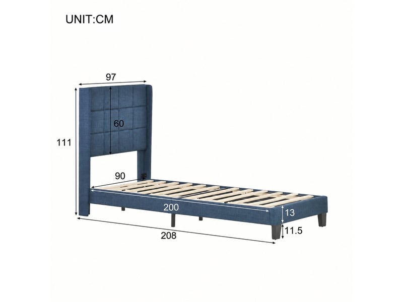 Lit 90x200 avec sommier et matelas inclus, tête rembourrée, en lin bleu - Conforama C