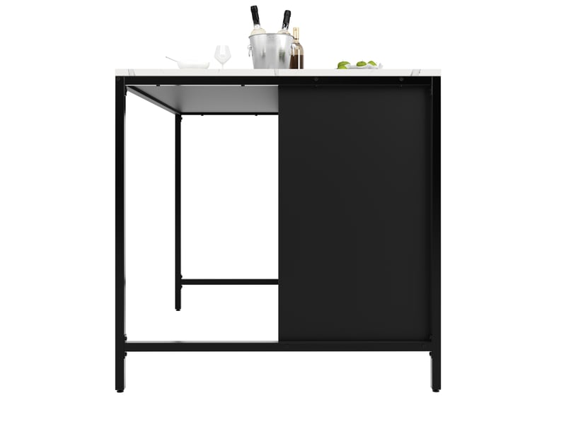  Table haute noire îlot de cuisine effet marbre, table de bar avec tiroirs et étagère, 100x90x90 cm  - Conforama W