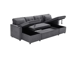 Canapé d'angle panoramique convertible <strong>MODENVIE</strong> <strong></strong> 4 places Polyester gris avec coffre de rangement