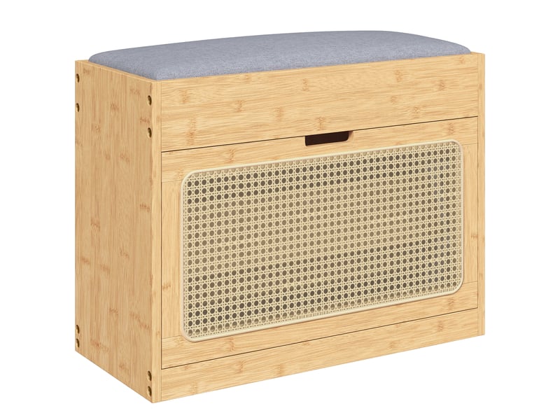  Banc chaussures entrée, banc de rangement en bambou, assise rembourrée, porte en rotin et étagère réglable, bois naturel  - Conforama B