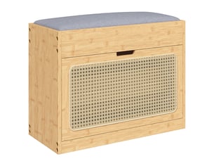 Banc chaussures entrée, banc de rangement en bambou, assise rembourrée, porte en rotin et étagère réglable, bois naturel