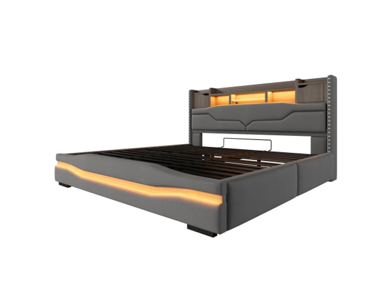  Lit rembourré 180x200 cm avec éclairage led et rangement lit coffre hydraulique avec port de chargement usb-c lin gris  - Conforama A