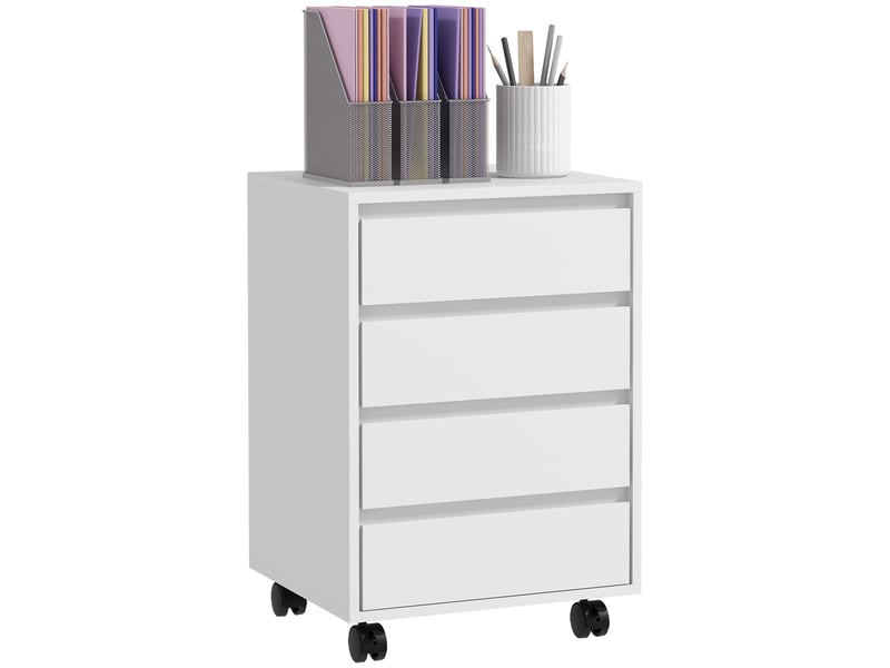  Caisson de bureau à 4 tiroirs, avec roulettes, pour bureau ou espace de travail, 46 x 40 x 65 cm, blanc  - Conforama A
