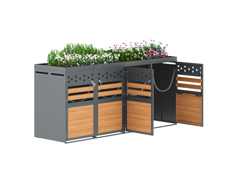  Coffre pour 4 bacs à déchets 264x80x125 cm toit de plantation métal anthracite et aspect bois  - Conforama A
