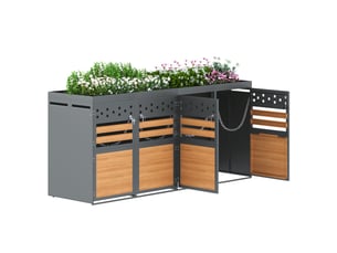 Coffre pour 4 bacs à déchets 264x80x125 cm toit de plantation métal anthracite et aspect bois