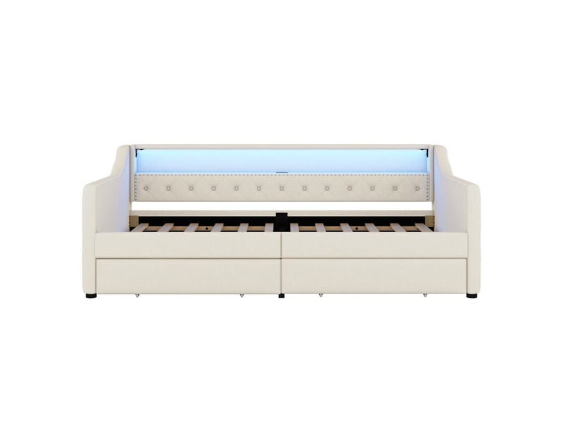 Lit banquette beige 90x200 cm, 2 tiroirs, led, usb et sommier à lattes - Conforama A