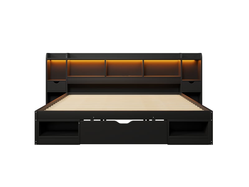  Lit adulte 180 x 200 cm, avec tête de lit dotée d'un espace de rangement, de tiroirs, d'une lampe led et d'un port usb, noir  - Conforama A