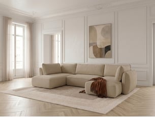 Canapé d'angle droit convertible <strong>BOBOCHIC</strong> <strong>ESMEE</strong> 5 places Tissu beige avec coffre de rangement