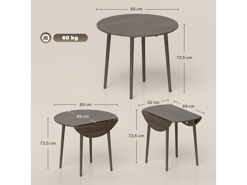 Table de salle à manger pliante 2 abattants, table ronde extensible pour 4 personnes, gris, pieds en bois 89 x 73,5 cm - Conforama C