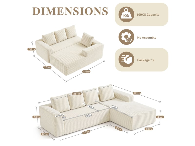  Canapé d’angle modulable 261 x 168 cm avec méridienne gauche, assise profonde, velours côtelé, sans montage, beige  - Conforama C