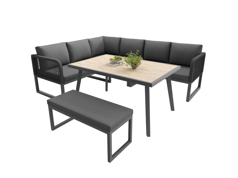  Salon de jardin modulable 6 à 8 places 110 x 60 cm – gris – coussins épais lavables et banc inclus  - Conforama A