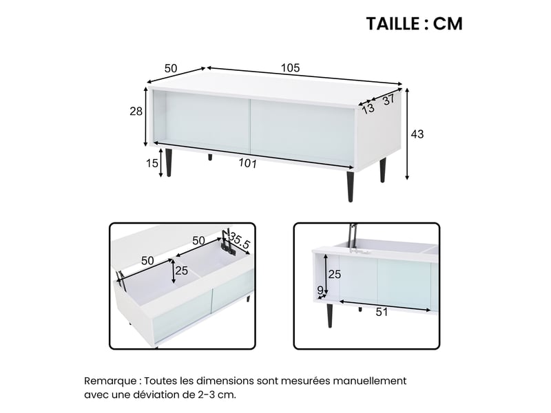  Table basse relevable avec 2 espaces cachés et 2 portes coulissantes en verre et led, salon, blanc - uvrion  - Conforama E