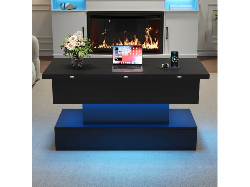  Table basse relevable avec rangement caché, prises et led, plateau réglable, pour salon, noir, 100 × 50 × 51,5 cm  - Conforama C
