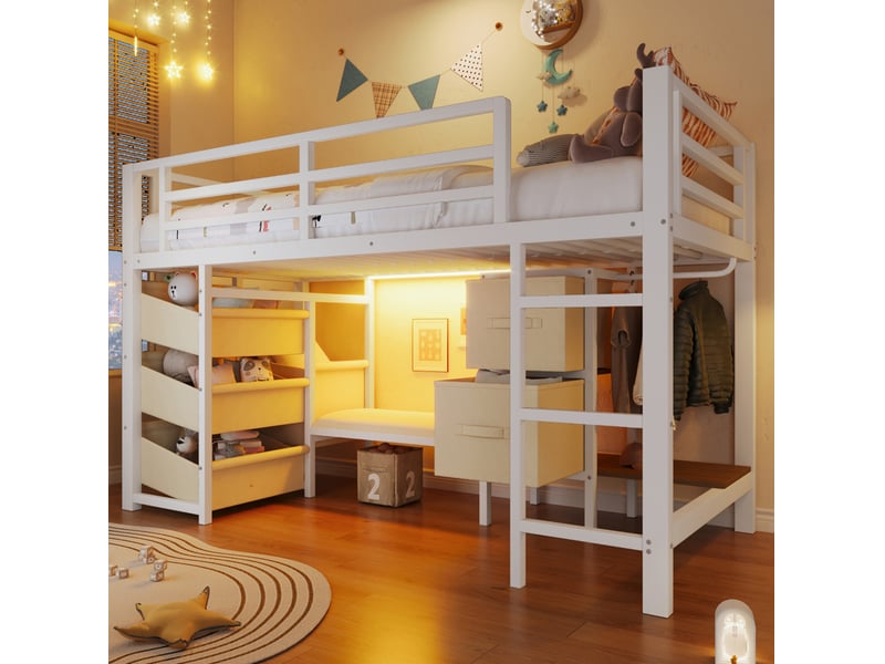  Lit mi-hauteur 90x200 cm avec led multicolore, rangements et assise, blanc  - Conforama B