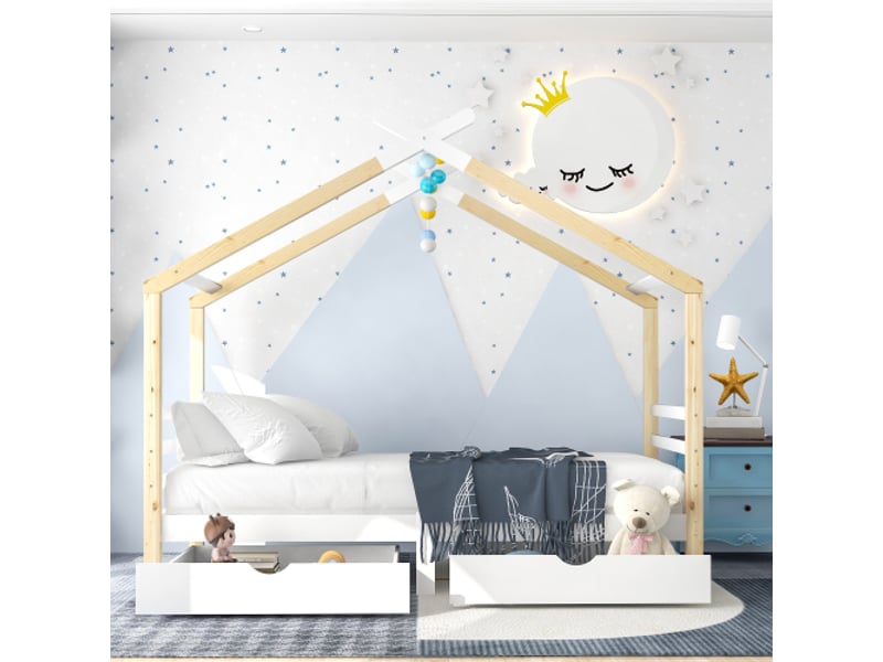 Lit cabane 90x200 cm, lit enfant avec tiroirs et sommier à lattes, en bois, blanc, sans matelas - Conforama C