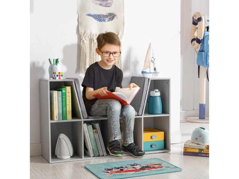  Banc coffre enfant gris, bibliothèque 6 compartiments, 3 coussins, rangement jouets, 103x30x62 cm, dès 3 ans  - Conforama B