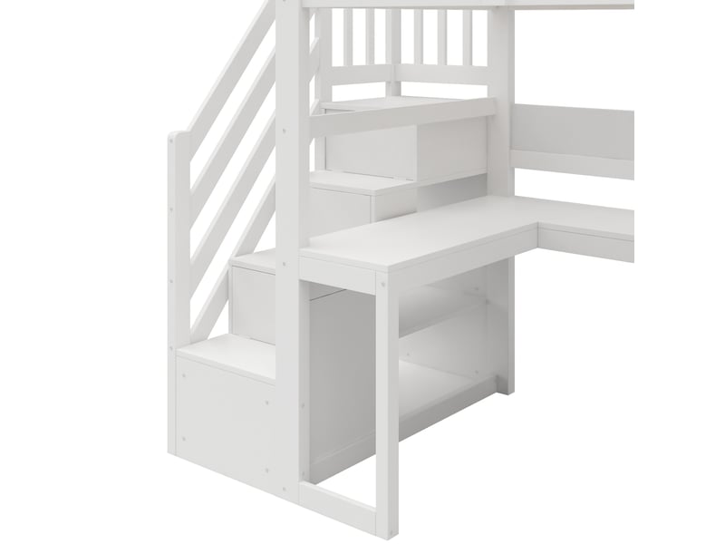  Lit mezzanine 90x200 cm avec bureau, escalier avec rangements, éclairage led et prise usb, blanc  - Conforama W