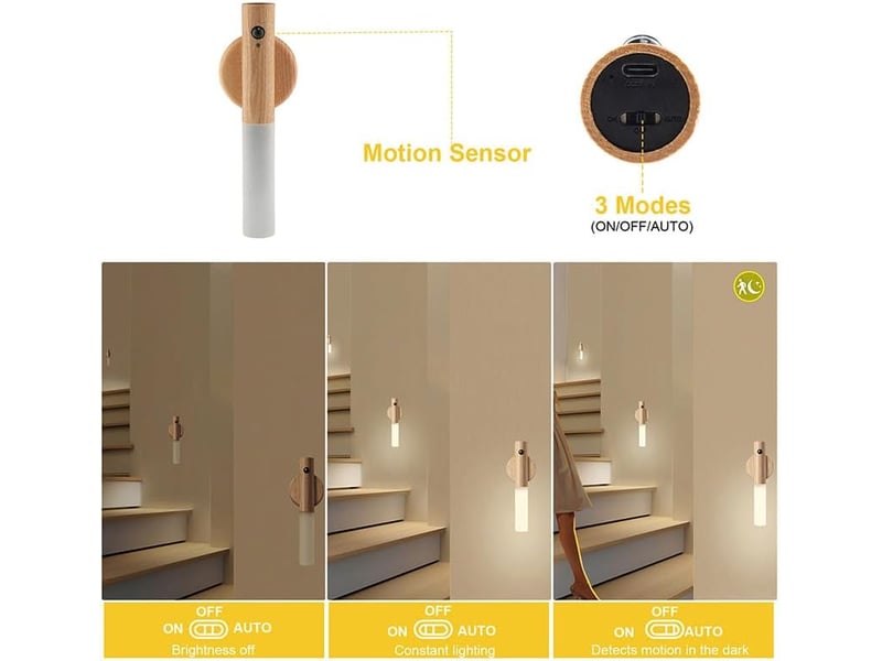  Veilleuse avec détecteur de mouvement en bois, lampe de couloir magnétique, rechargeable (ensemble de deux pièces, bois de frêne, blanc HRC0000103TBY - Conforama D