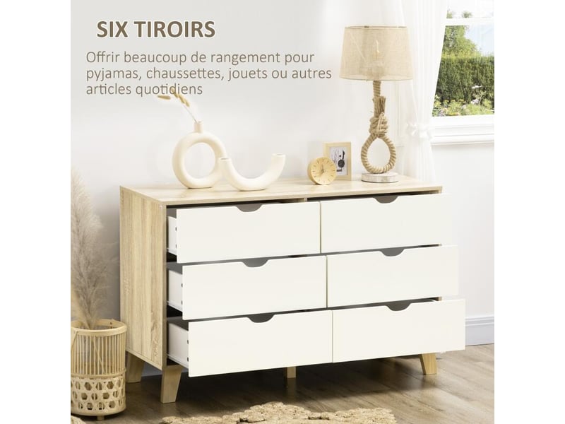  Commode 6 tiroirs style scandinave, meuble de rangement - dim. 120l x 40p x 76h cm, aspect bois et beige  - Conforama E