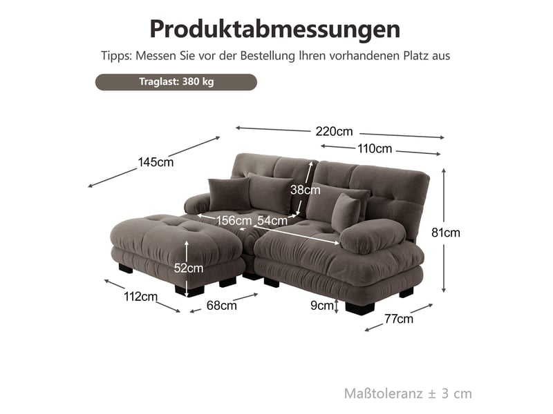 Canapé d'angle modulable 2 places cloud en chenille marron avec ottomans - Conforama E