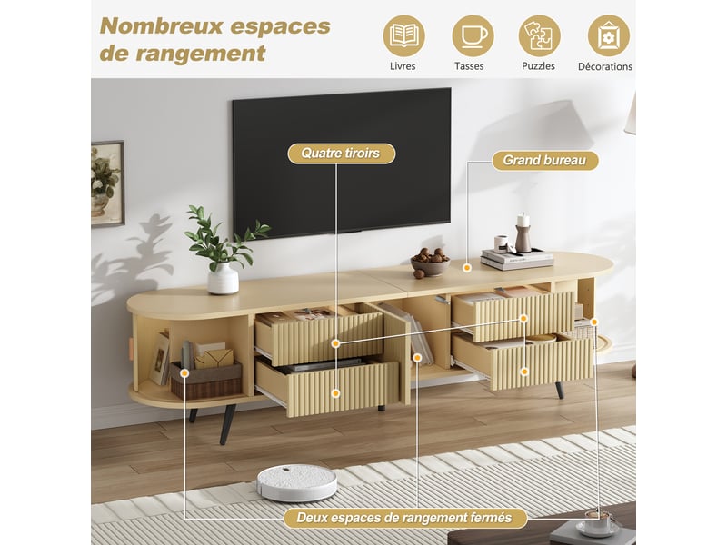  Meuble tv ovale en bois 180 cm avec porte coulissante et 4 tiroirs, support pour écran jusqu'à 80 pouces, naturel  - Conforama W