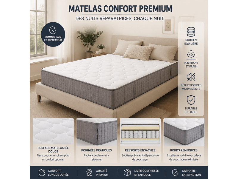 Matelas à ressorts ensachés 25 cm 160x200 cm h3 7 zones ergonomique - Conforama D