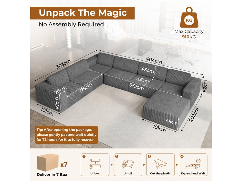 Canapé modulaire panoramique 7 places ouvert à droite,velours côtelé,1 pouf,canapé compressé pour grand salon,404x303x82cm,gris 404x303x82CM - Conforama C