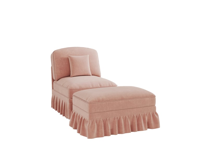  Fauteuil avec pouf et jupe amovible  - dossier segmenté, coussin mobile, chenille rose  - Conforama E