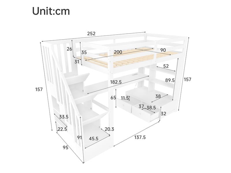  Lit mezzanine modenvie 90 x 200 cm avec bureau, étagères, escalier avec rangement, 2 tiroirs et éclairage led blanc  - Conforama C