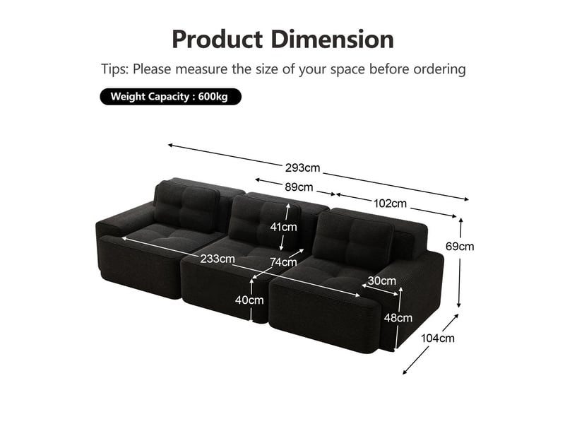  Canapé d'angle coin modulaire structure modulable tissu côtelé assise profonde montage sans assemblage couleur noire  - Conforama C
