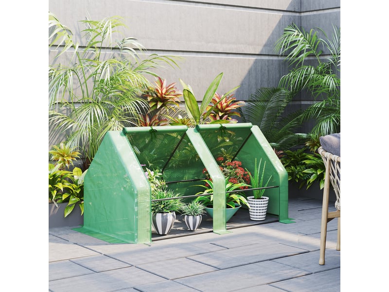  Mini serre de jardin mini serre tunnel 180l x 90l x 90h cm toit pointu acier pe haute densité 140 gm² anti-uv 2 fenêtres avec zip enroulables vert  - Conforama C