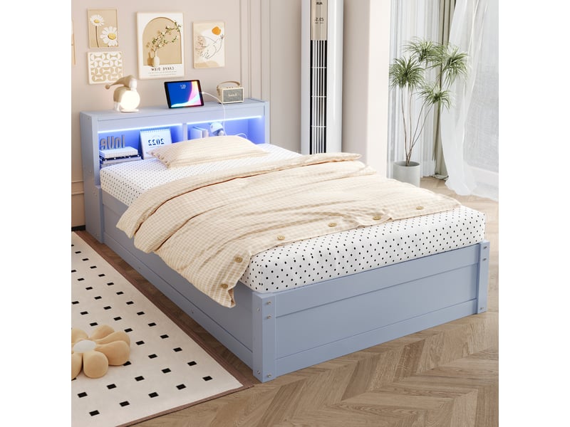  Canapé-lit 90x200 cm, lit enfant, couchage d'appoint, rangement hydraulique, led, prise intégrée, bois gris  - Conforama C